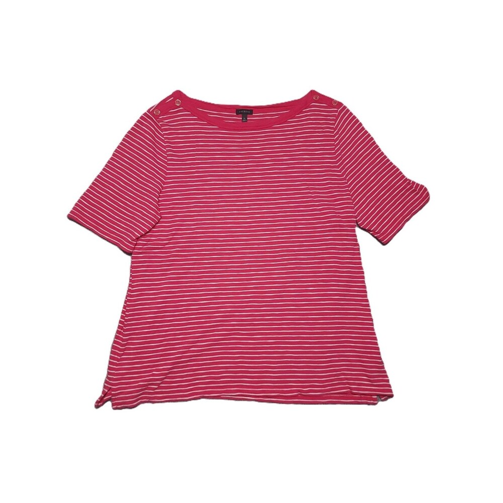 Talbots T Shirt Womens XL Boat Neck Short Sleeves Pink White Striped Top